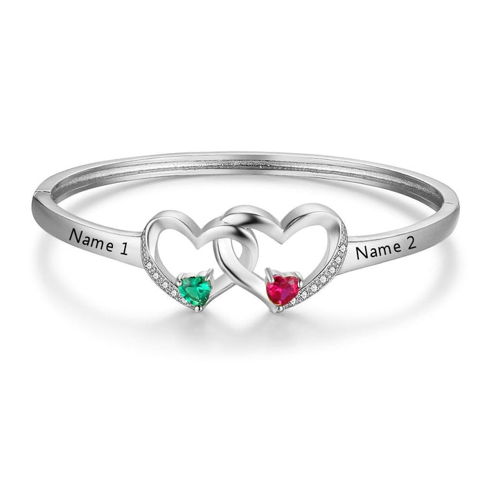 Personalized Silver Color Intertwined Heart Bracelets & Bangles with 2 Birthstones Customized Engrave Name Bracelets for Women