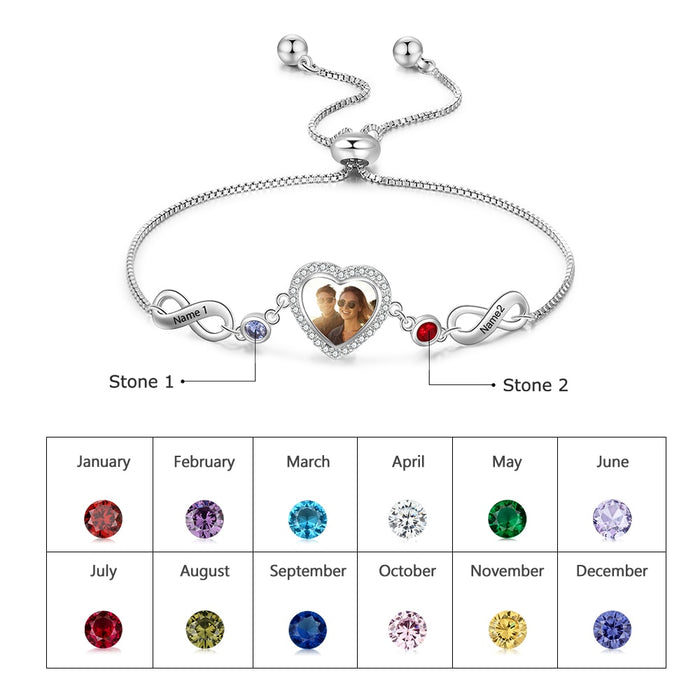 Personalized Custom Photo Bracelets with 2 Birthstones Adjustable Chain Engraved Name Infinity Bracelets for Women