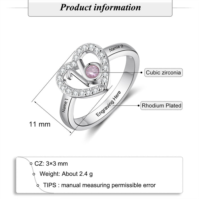 Personalized Birthstone Heart Rings for Women Customized Engraved Name Ring with Zirconia 16 Years Old Birthday Gifts