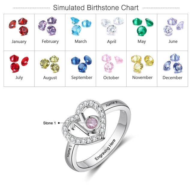 Personalized Birthstone Heart Rings for Women Customized Engraved Name Ring with Zirconia 16 Years Old Birthday Gifts