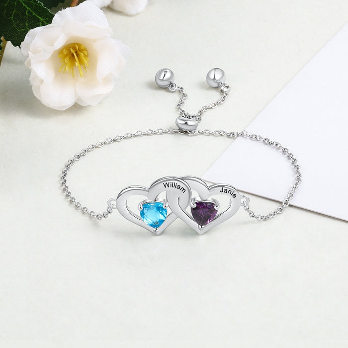 Customized 2 Birthstones Adjustable Chain Bracelet Personalized Intertwined Hearts Engraved Name Bracelets for Women