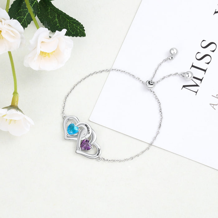 Customized 2 Birthstones Adjustable Chain Bracelet Personalized Intertwined Hearts Engraved Name Bracelets for Women