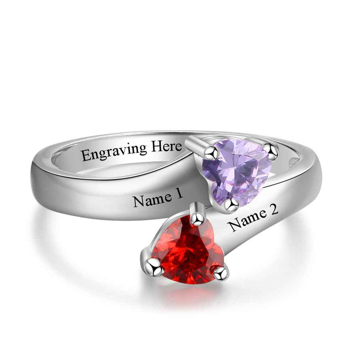 Personalized Promise Rings Heart Birthstone Custom Engrave 2 Names 925 Sterling Silver Jewelry Gift For Her