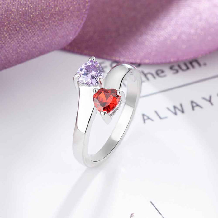 Personalized Promise Rings Heart Birthstone Custom Engrave 2 Names 925 Sterling Silver Jewelry Gift For Her