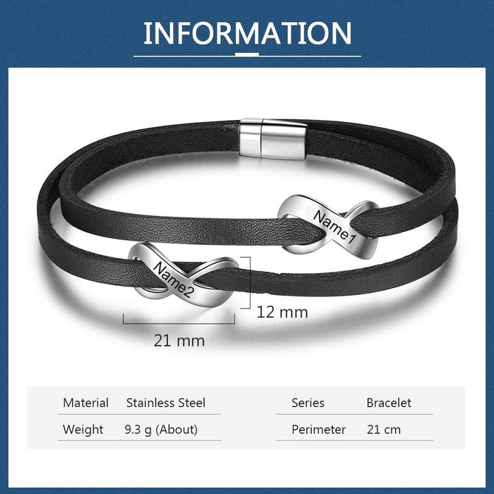 Personalized Engraved Name Double Infinity Bracelets Stainless Steel Black Leather Bracelets for Men Gift for Fathers