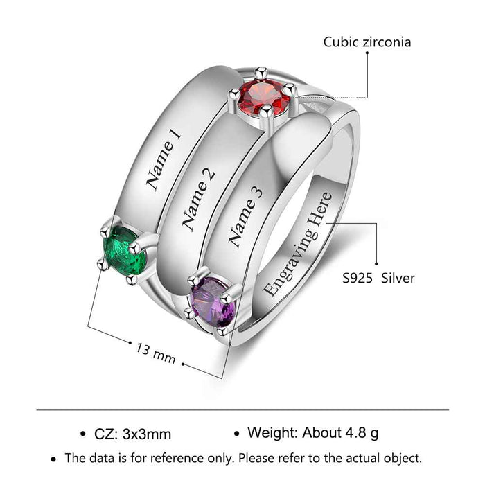 Personalized Gift for Mommy Engrave 3 Names 3 Children Birthstone Promise Rings 925 Sterling Silver Jewelry