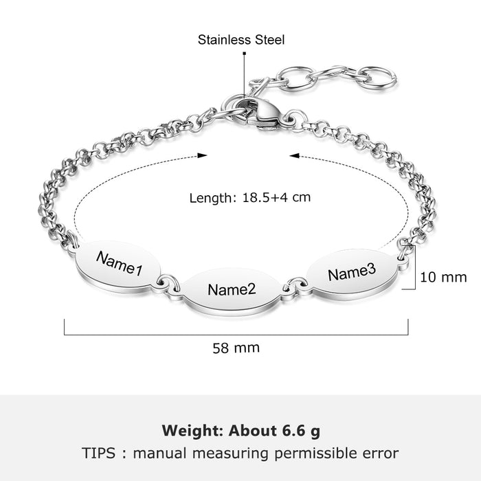 Personalized Oval Design Engraved Chain Bracelets for Couples Custom 3 Names Stainless Steel Friendship Bracelet Mom Gift