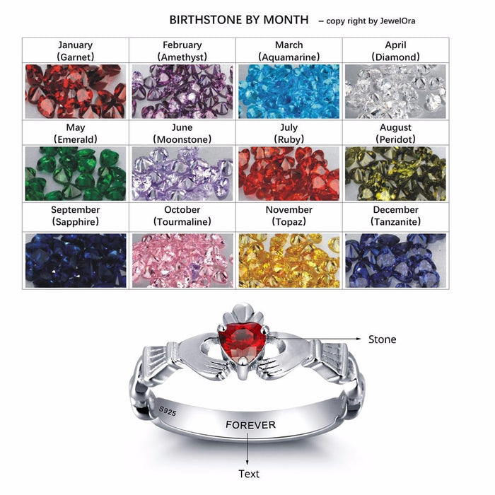 Personalized Engrave Name Birthstone Jewelry Claddagh 925 Sterling Silver Rings For Women