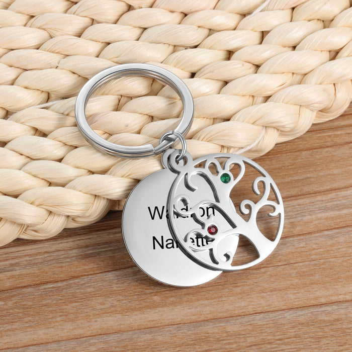 Personalized 2 Stones And 2 Names Engraved Tree of Life Keychains