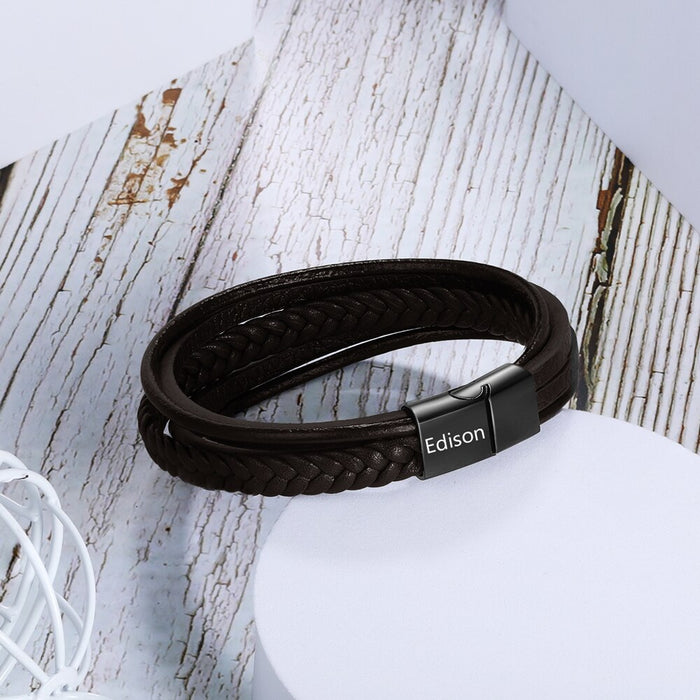 Personalized Braided Leather Engraved Name Men Bracelet