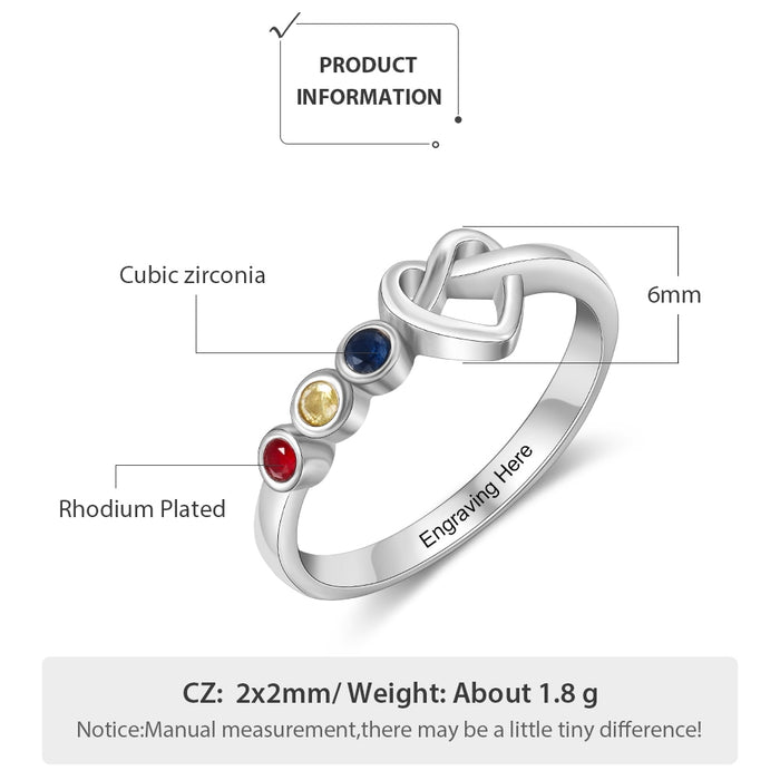 Personalized Engraving Heart Knot Rings for Women Customized 3 Birthstones Finger Ring Christmas Gifts for Mother
