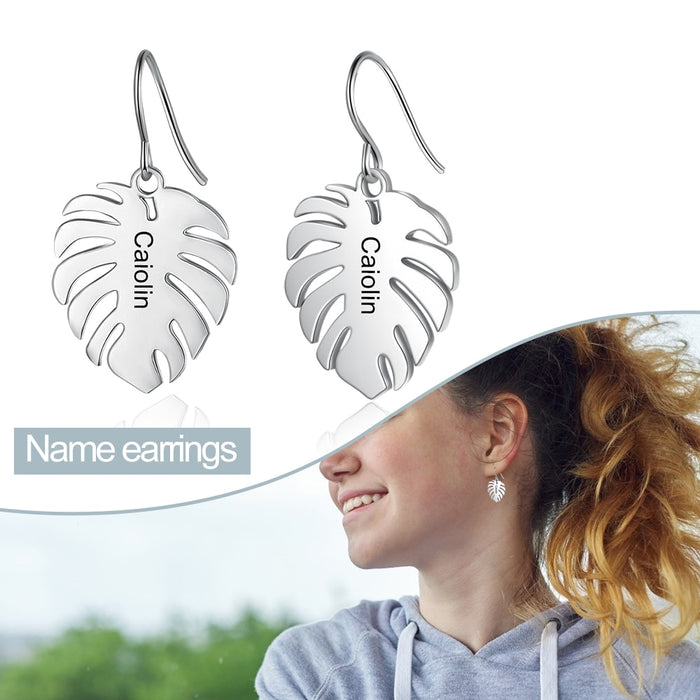 Customized Engraved Leaf Earrings For Women