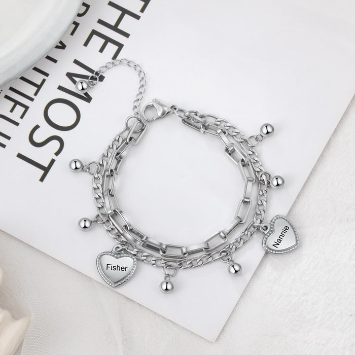Personalized Beads & Heart Charm Bracelet Customize Name Double Chain Bracelets for Women Stainless Steel Jewelry Gift
