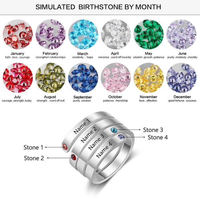 Personalized Stainless Steel Stackable Rings for Women Engrave Name Ring with 4 Birthstones Custom Family Gift