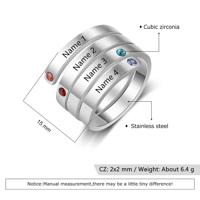 Personalized Stainless Steel Stackable Rings for Women Engrave Name Ring with 4 Birthstones Custom Family Gift