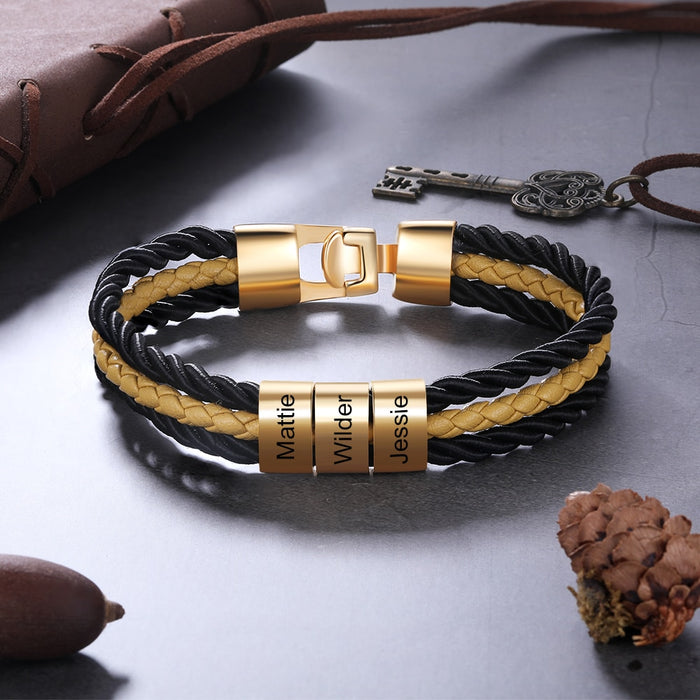 Personalized Braided Layered Leather Name Engraved Bracelets