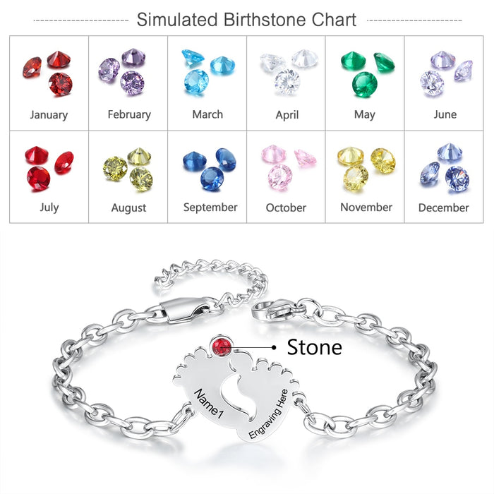 Personalized Engraving Name & Date Baby Feet Charm Bracelet Stainless Steel Custom Birthstone Bracelet Gifts for Mother