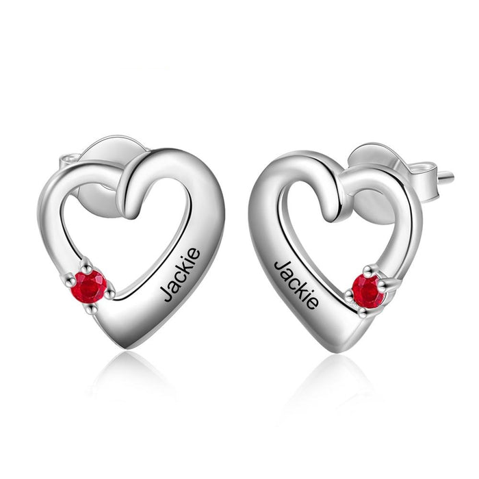Personalized 1 Name And 1 Stone Engraved Heart-Shape Stud Earrings
