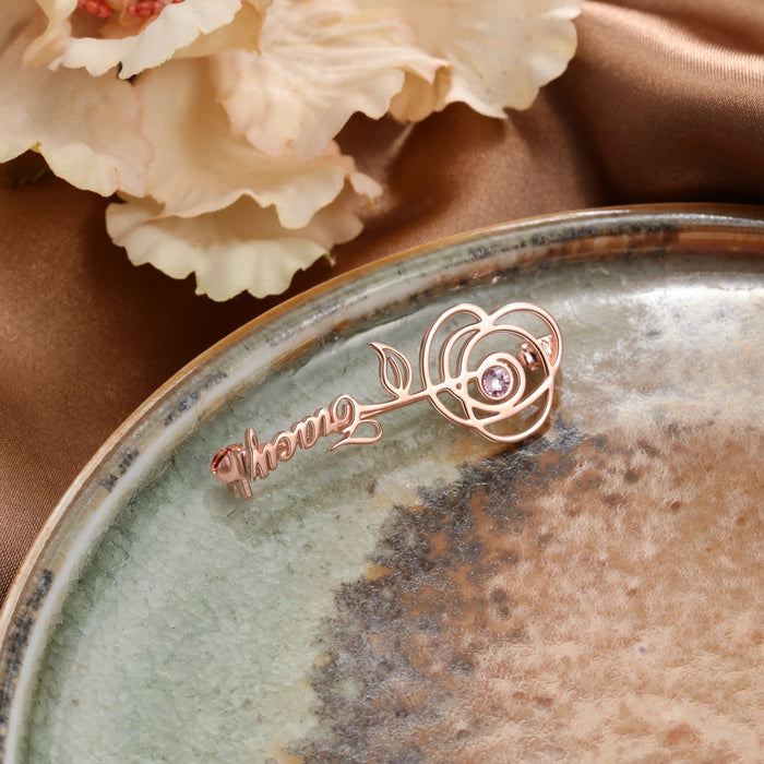 Personalized Name Brooches for Women Elegant Customized Birthstone Rose Flower Leaf Brooch Gifts for Mother