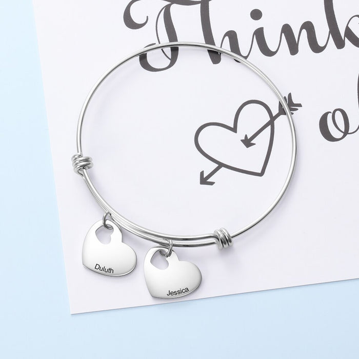 Personalized Engraved Name Heart Charms Bangles Stainless Steel Bracelets & Bangles Promise Gifts for Girlfriend Lovers