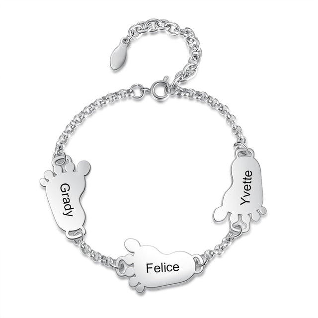 Personalized 3 Baby Feet Charms Bracelets for Women Customized  Stainless Steel Name Engraved Bracelet Gifts for Mom