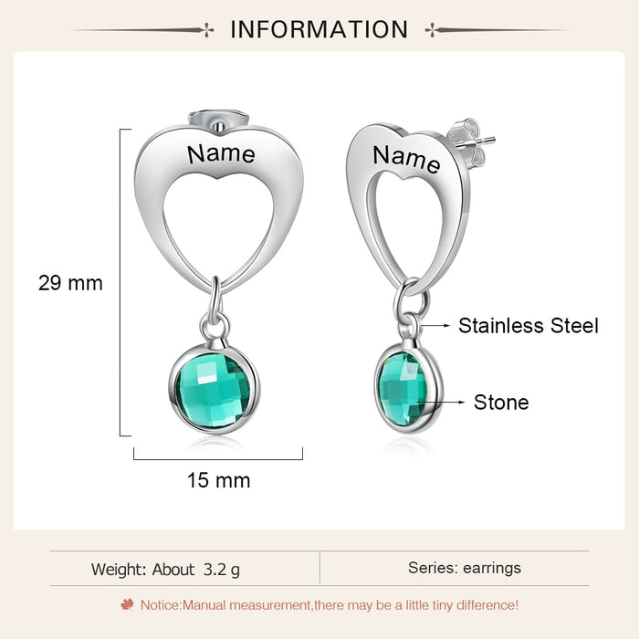 Personalized 2 Birthstones Heart-Drop Earrings For Women