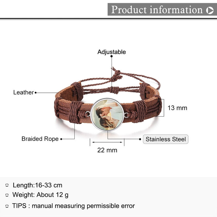 Personalized Photo Charm Braided Rope Leather Bracelets