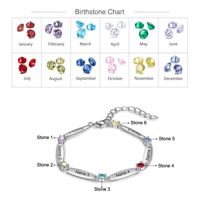 Personalized 6 Inlaid Birthstones Name Engraved Bracelet Customized Mother Bracelet Exquisite Christmas Gift for Family