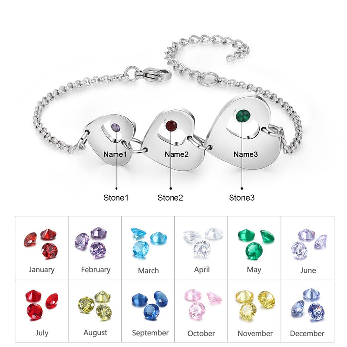 Personalized Engraving Names 3 Heart-Shaped Charm Bracelets