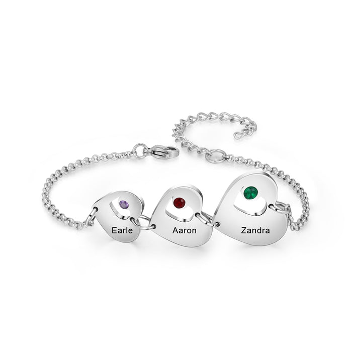 Personalized Engraving Names 3 Heart-Shaped Charm Bracelets