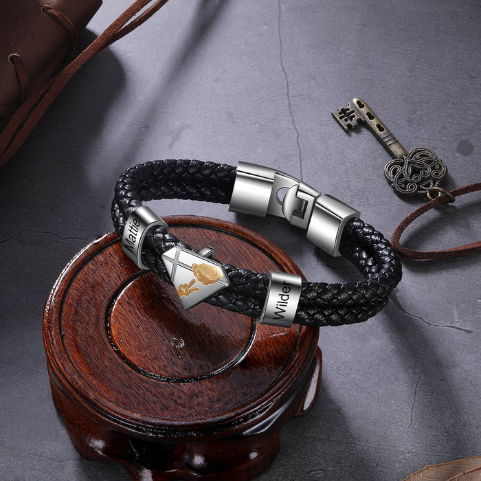 Personalized Engraved Name Black Braided Leather Bracelet For Men