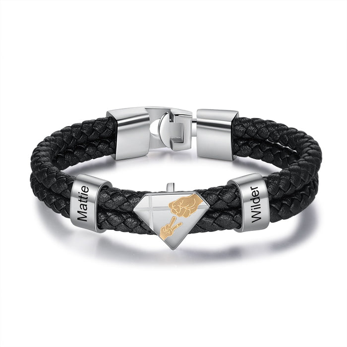Personalized Engraved Name Black Braided Leather Bracelet For Men