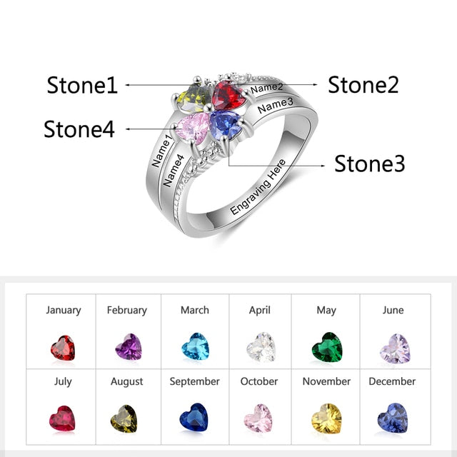 Customized Family Name Mothers Ring with 4 Heart Birthstones Silver Color Personalized Engraved Rings for Women Gifts