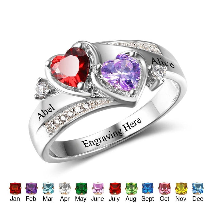 Personalized Engrave Name Ring with 2 Heart Birthstone 925 Sterling Silver Wedding Engagement Rings Mothers Day Gift