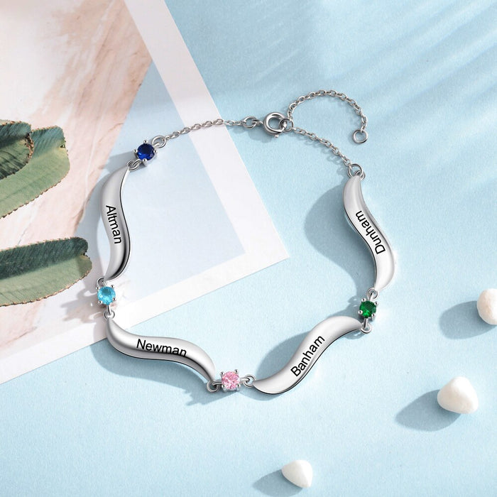 Personalized Family Wave Bracelet with 4 Inlaid Birthstone Custom Engraving Name Women Chain Bracelets Gift for Mother