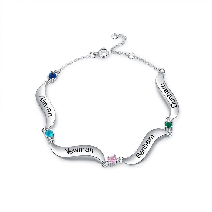 Personalized Family Wave Bracelet with 4 Inlaid Birthstone Custom Engraving Name Women Chain Bracelets Gift for Mother