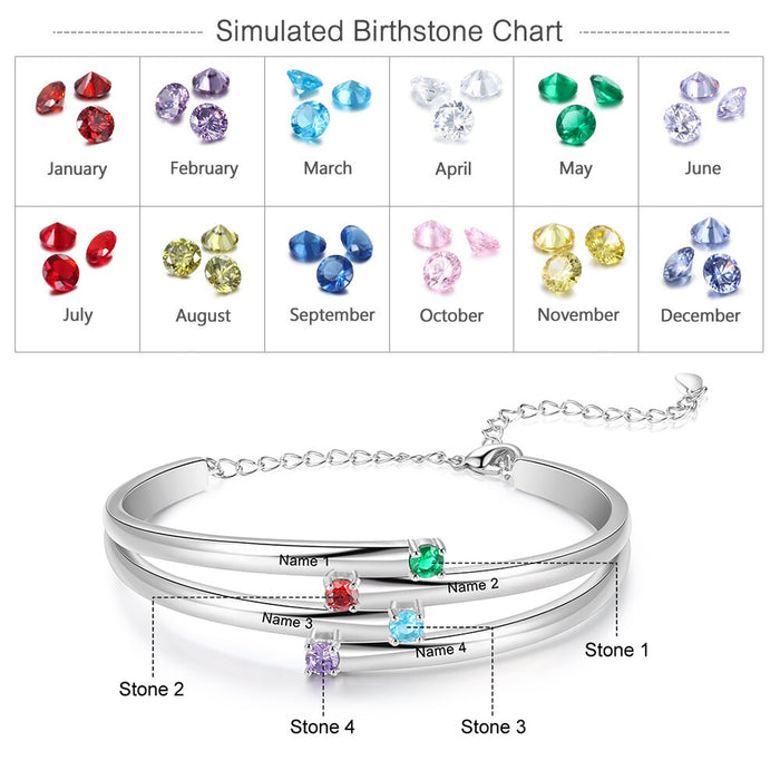 Personalized 4 Birthstones Family Bracelets for Women Custom Name Engraved Bracelet Mothers Day Gifts