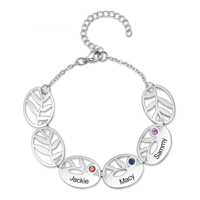 Personalized 3 Names Engraving Leaf Charm Bracelet Customized DIY Birthstone Bracelets for Women Gifts for Mother