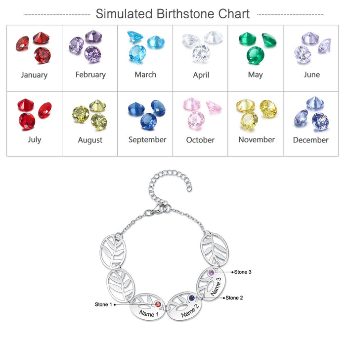 Personalized 3 Names Engraving Leaf Charm Bracelet Customized DIY Birthstone Bracelets for Women Gifts for Mother