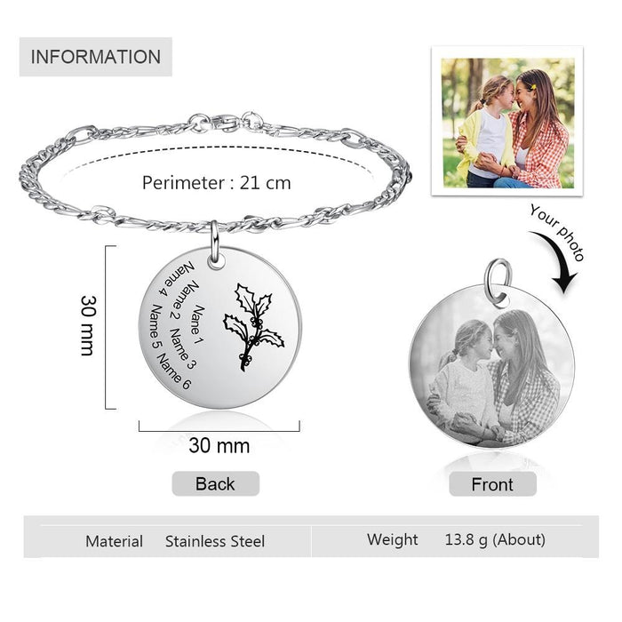 Personalized Birth Flower Bracelets for Women Stainless Steel Custom Photo Engraved Names Chain Bracelet Gifts for Her