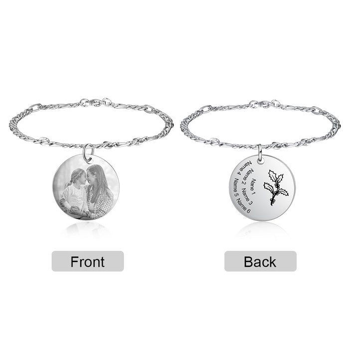 Personalized Birth Flower Bracelets for Women Stainless Steel Custom Photo Engraved Names Chain Bracelet Gifts for Her