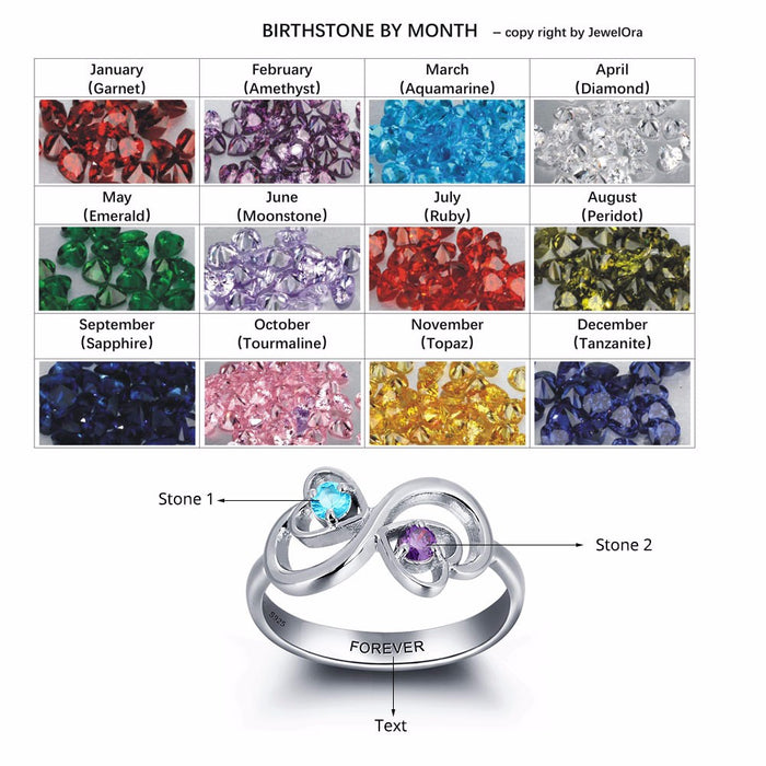 Personalized Engrave Birthstone Jewelry Heart Stone Name Ring 925 Sterling Silver infinity Love Rings