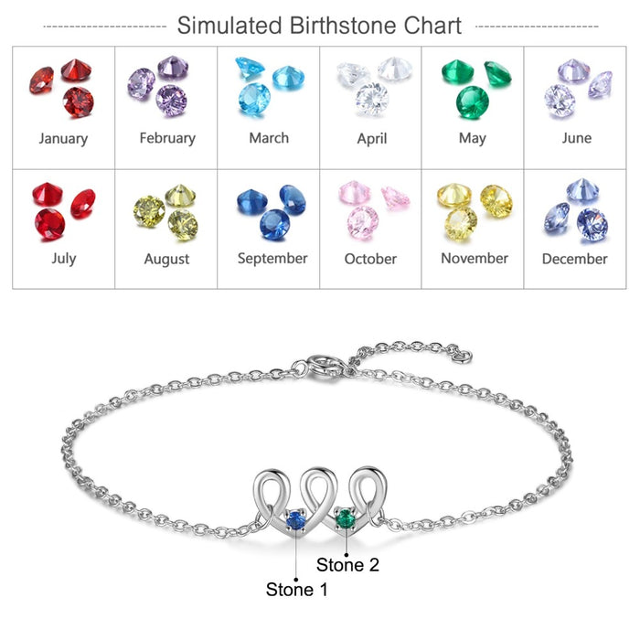 Personalized 2 Birthstones Heart-Shaped Bracelets for Women