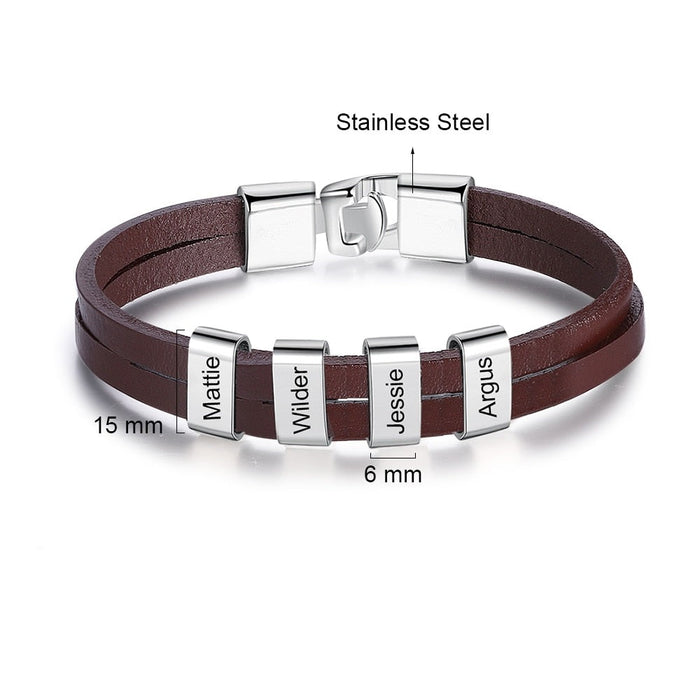 Personalized Engraving Name Bead Leather Bracelet