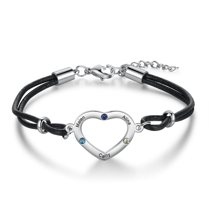 Personalized 3 Stones And 3 Names Heart-Shaped Bracelet