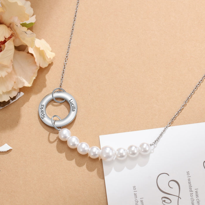 Personalized Name Engraving Simulated Pearl Circle Necklace