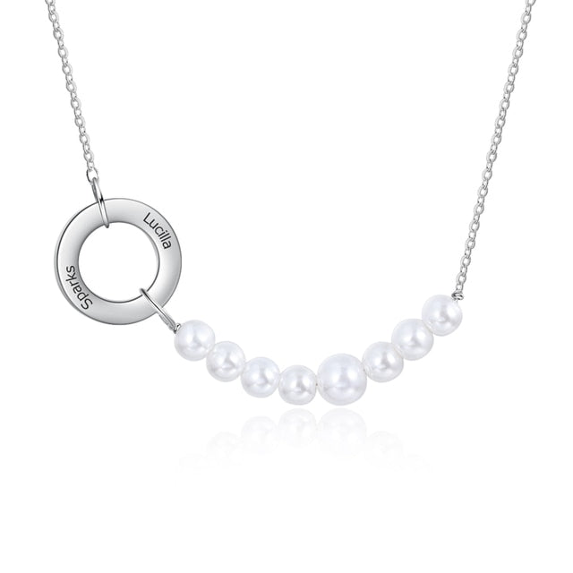Personalized Name Engraving Simulated Pearl Circle Necklace
