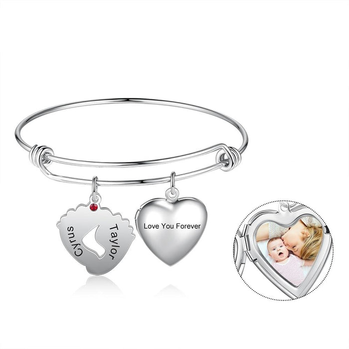 Customized Photo Heart Locket Bangles Personalized Birthstone Engraving Name Baby Feet Charm Bracelets Mothers Gifts