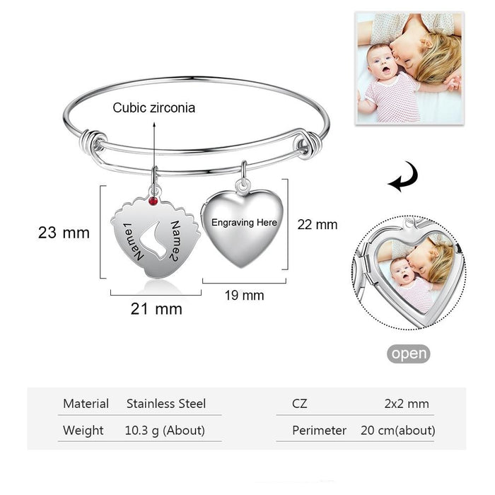 Customized Photo Heart Locket Bangles Personalized Birthstone Engraving Name Baby Feet Charm Bracelets Mothers Gifts