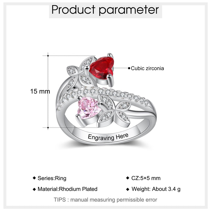 Personalized Butterfly Engraved Ring with 2 Heart Birthstones Cubic Zirconia Paved Wedding Engagement Rings for Women